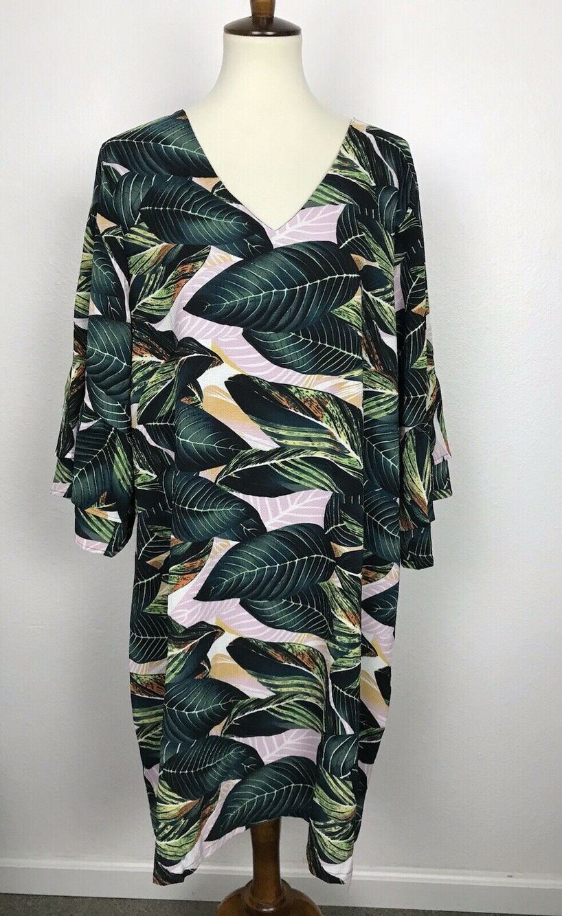 Belongsci Dress Shift Mini Floral V Neck Bell Sleeve Tropical Palm Print